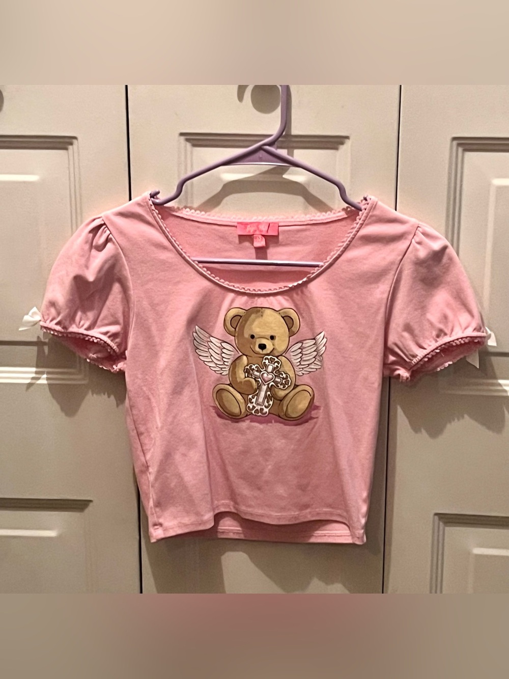 Sugar Thrillz Dolls Kill Pink Angel Cross Bear Crop Top T-shirt Medium